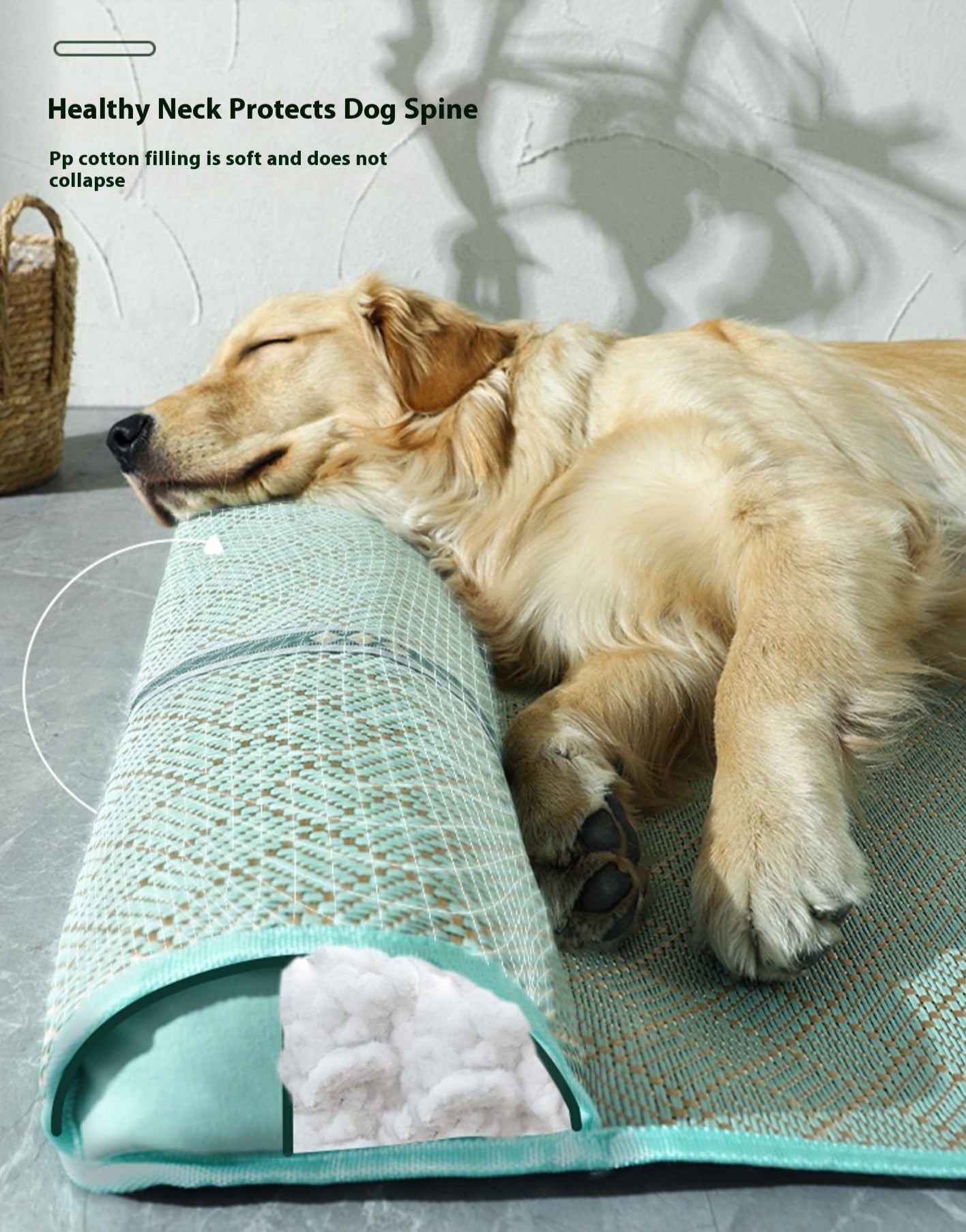 Golden retriever laying comfortably on a woven rattan Pawvia Cool Cloud dog mat with a cushioned headrest, showcasing natural cooling and support