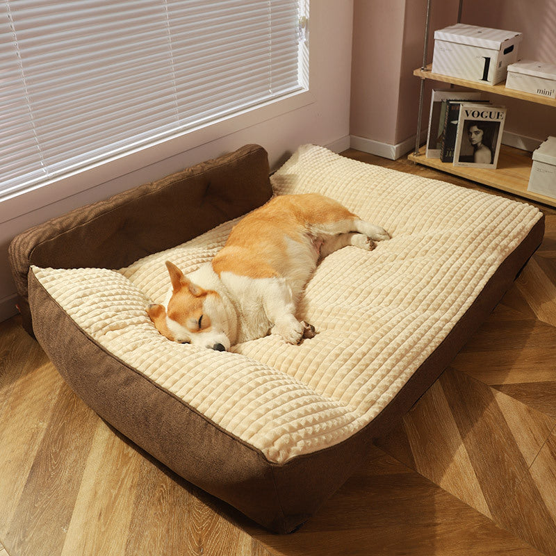 Brown Pawvia Sleep Max dog bed featuring a thick soft edge and a removable washable bottom pad, made from velvety soft 100% terylene cotton, ideal for large dogs