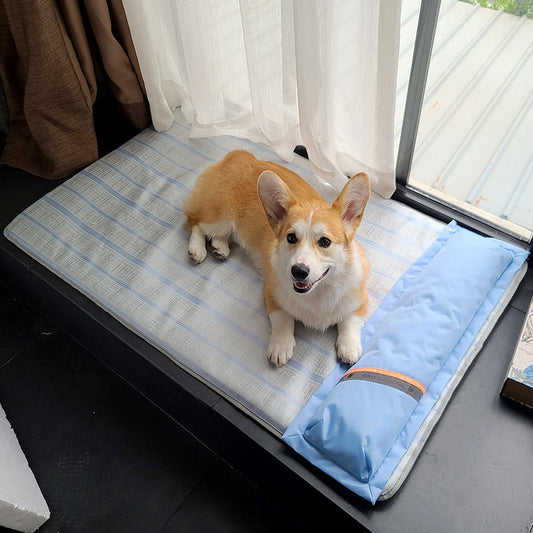 Dog lying on ChllComfort Self-Cooling mat with breathable cooling silk surface