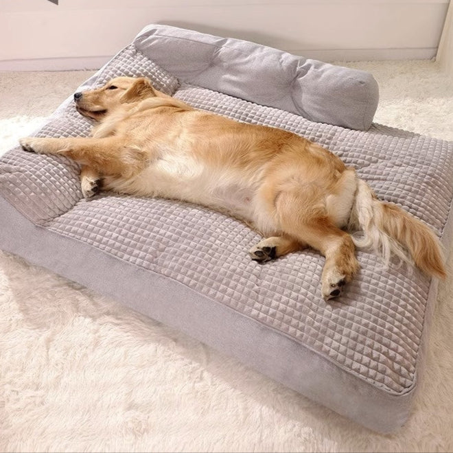 Grey Pawvia Sleep Max dog bed featuring a thick soft edge and a removable washable bottom pad, made from velvety soft 100% terylene cotton, ideal for large dogs